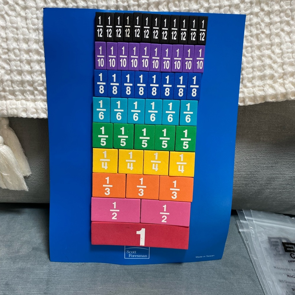 Magnetic rainbow fraction tiles on board, multiple colors, 52 pieces,7.5x10.25 ￼